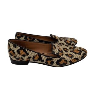 Kate Spade Torte Leopard Raffia Loafers Tan Black Animal Print Flats Womens 8.5B